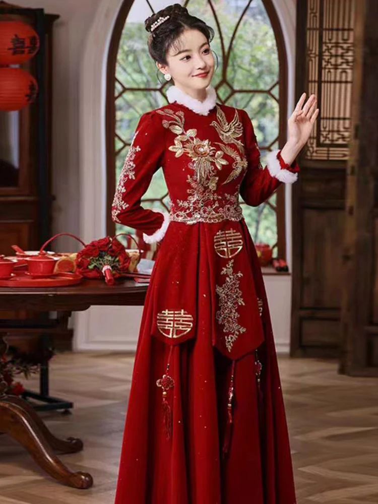 

Элегантное традиционное китайское платье-ципао с высокой талией для беременных, с длинными рукавами, для свадеб и церемоний подношения вина.