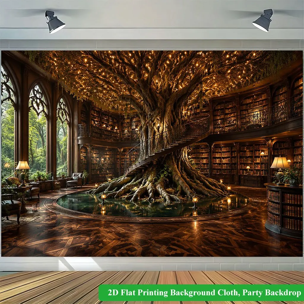 High Quality Printed Fantasy Forest Tree Library Mural Backdrop Cloth Tapestry for Home Decor Party Decoration Wall Hanging