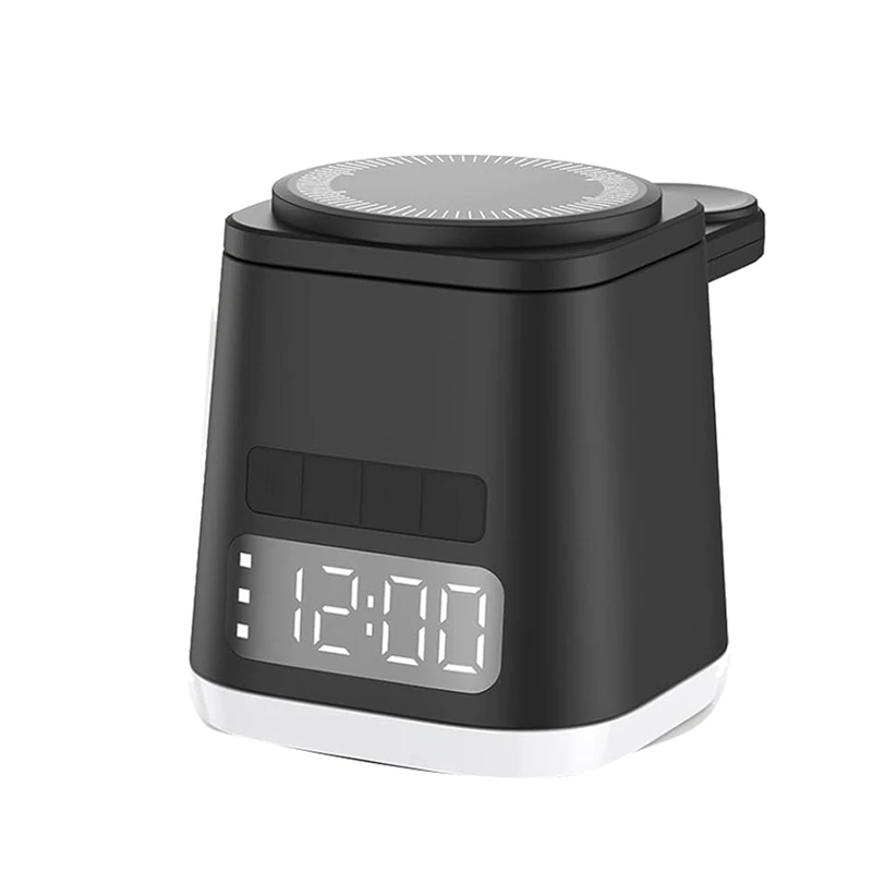 Multi-Function Charging Dock With Alarm Clock, Night Light, And Wireless Charger For Phone And Watch Stand Black