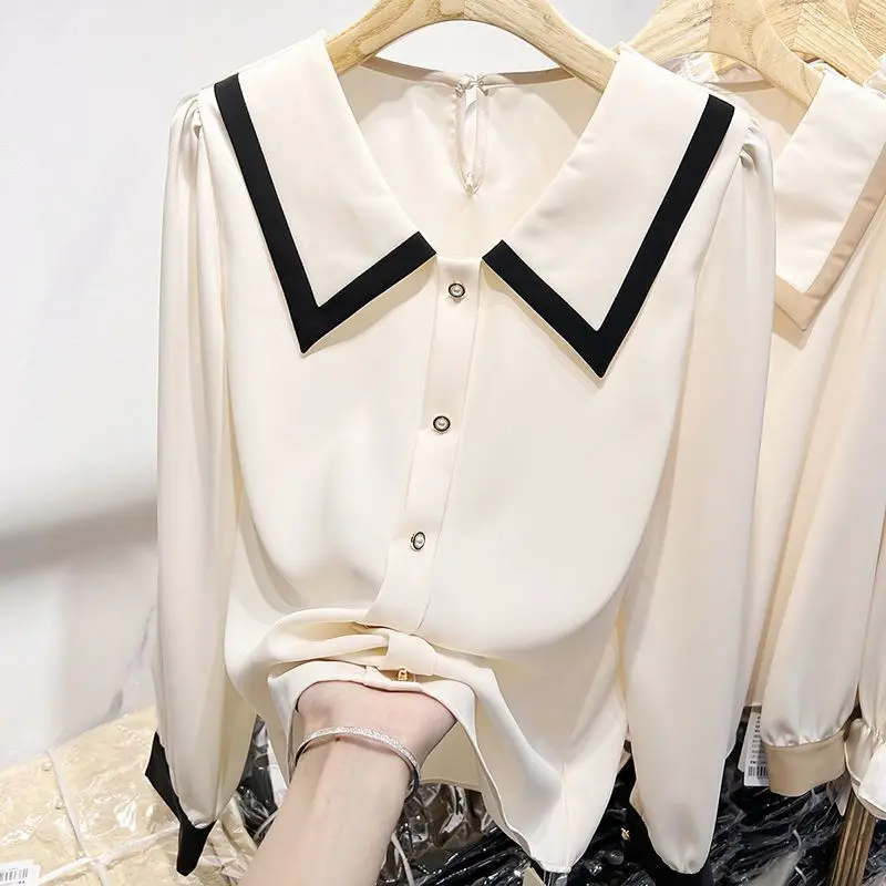 Sweet Peter Pan Collar Button Solid Color Chiffon Shirts Female Clothing 2024 Autumn New Loose Chic Tops All-match Blouses