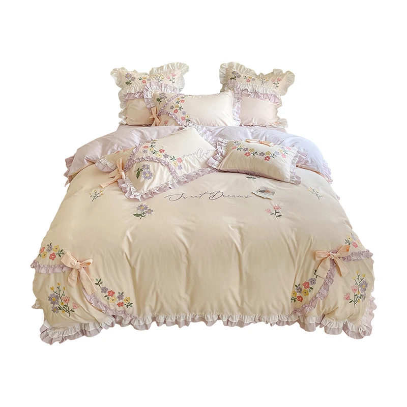 100% Cotton Korean Princess White Bedding Sets Ruffle Bedspread Flower Embroidery Duvet Cover Bed Skirt Pillowcases Home Textile