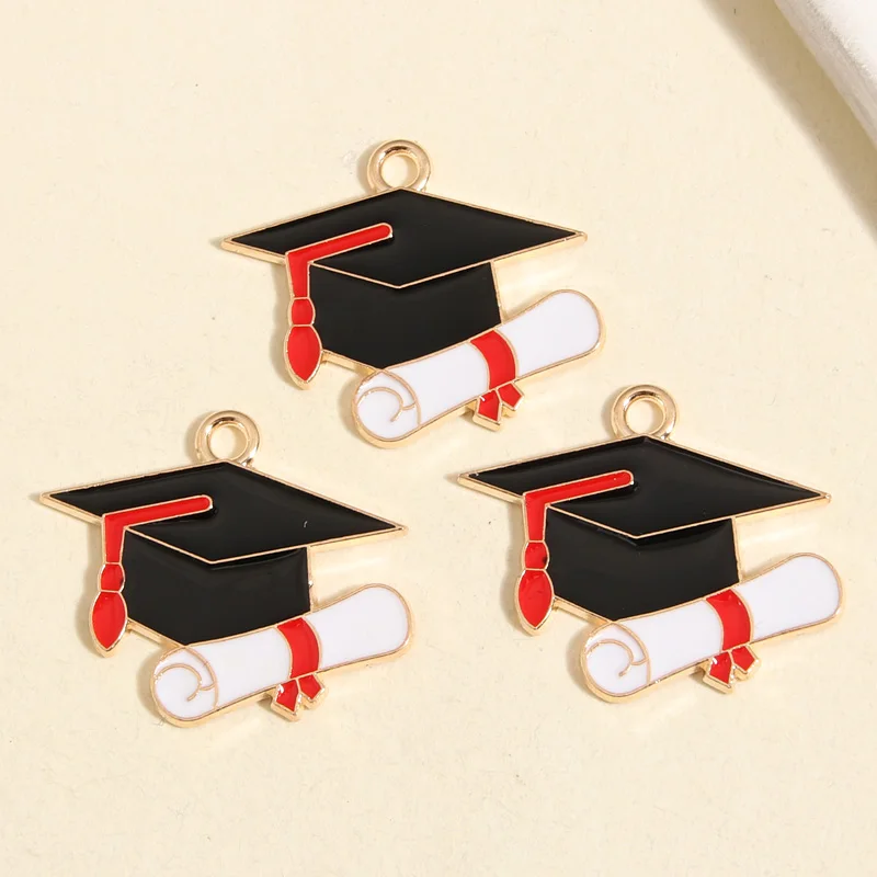 10pcs Gold Color 2023 Graduation Mix Enamel Pencil Trencher Cap Charms Graduate Pendant For DIY Handmade Jewelry Making Supplies