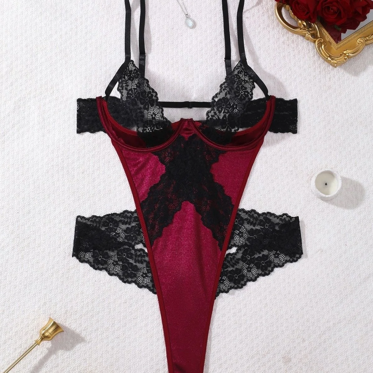 

Women's Burgundy Satin Lace Teddy Lingerie Adjustable Strap Sheer Mesh Nightwear Sexy Clubwear Y2K Aesthetic Slim Fit Bodysuit