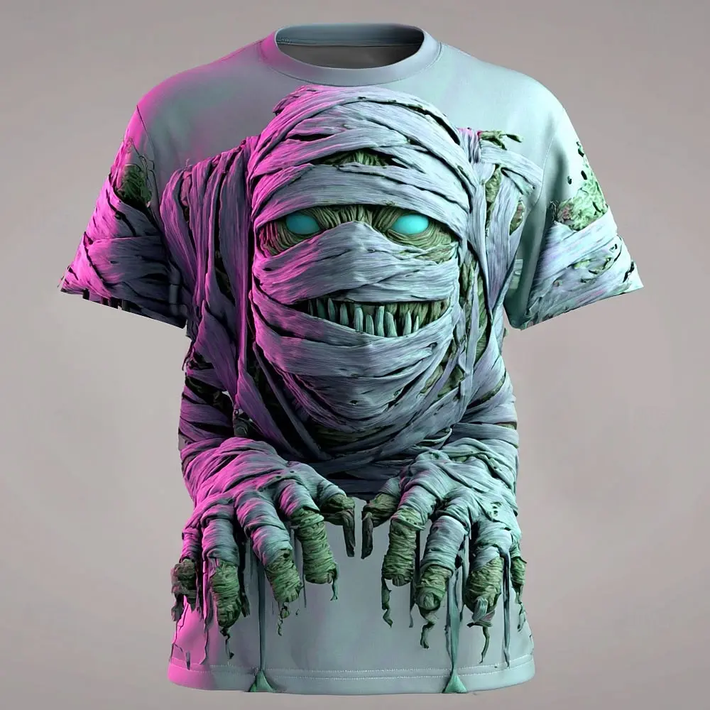 Halloween Men's Optical Illusion Zombies Mummy T Shirt Short Sleeve T shirt 3D Print Crew Neck Shirt