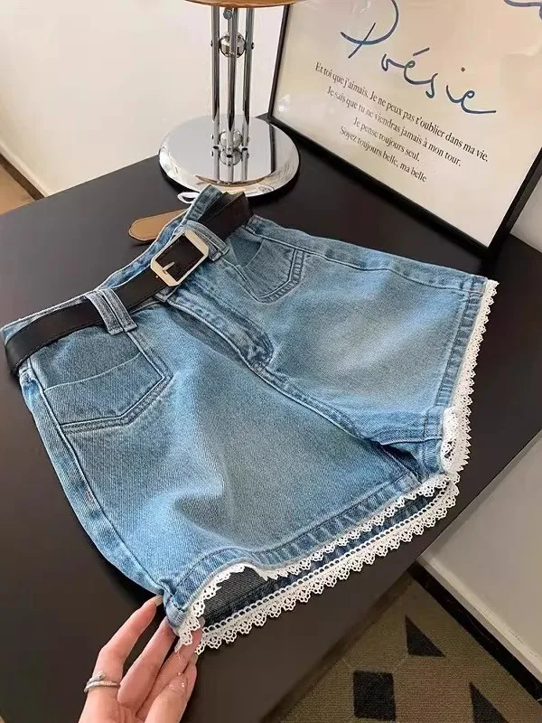 

High Waist Lace Trim Wide Leg Jeans Shorts Women's Summer Thin Large Size Fat MM Hot Pants Cotton Wear Resistant Loose Fit