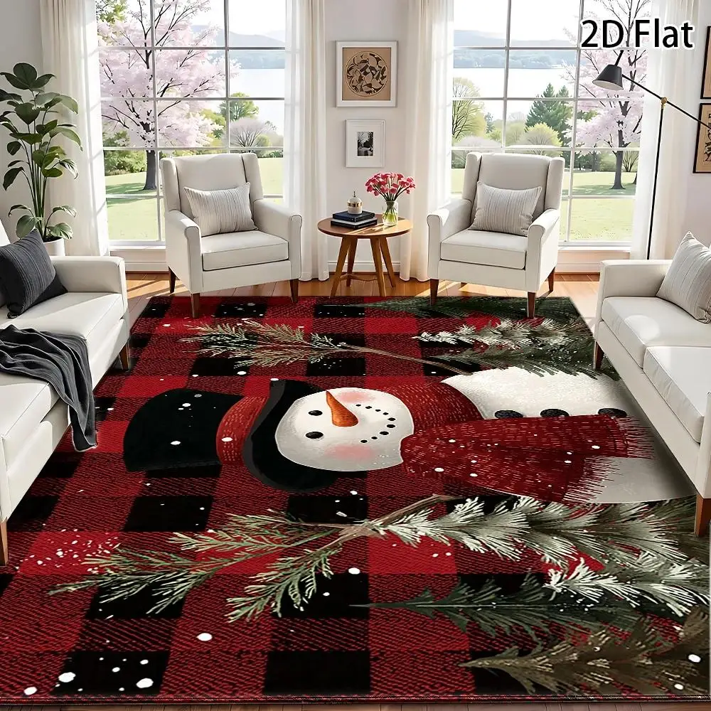 1pc 2D Flat Buffalo Plaid Snowman Christmas Area Rug, Extra Large Winter Festive Decor Mat, Durable, Indoor & Outdoor Use