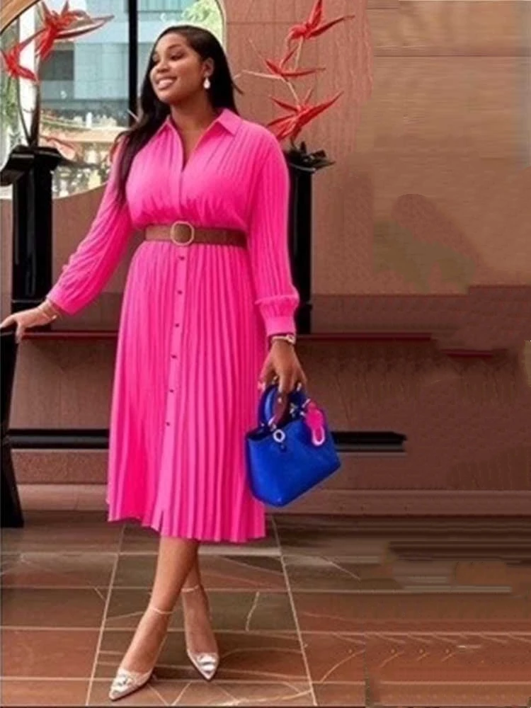 Chic Kleid Elegante Frau Herbst Kleidung Langarm Plissee Kleid mit Gürtel Licht Mid-länge Kleid Großhandel Dropshipping