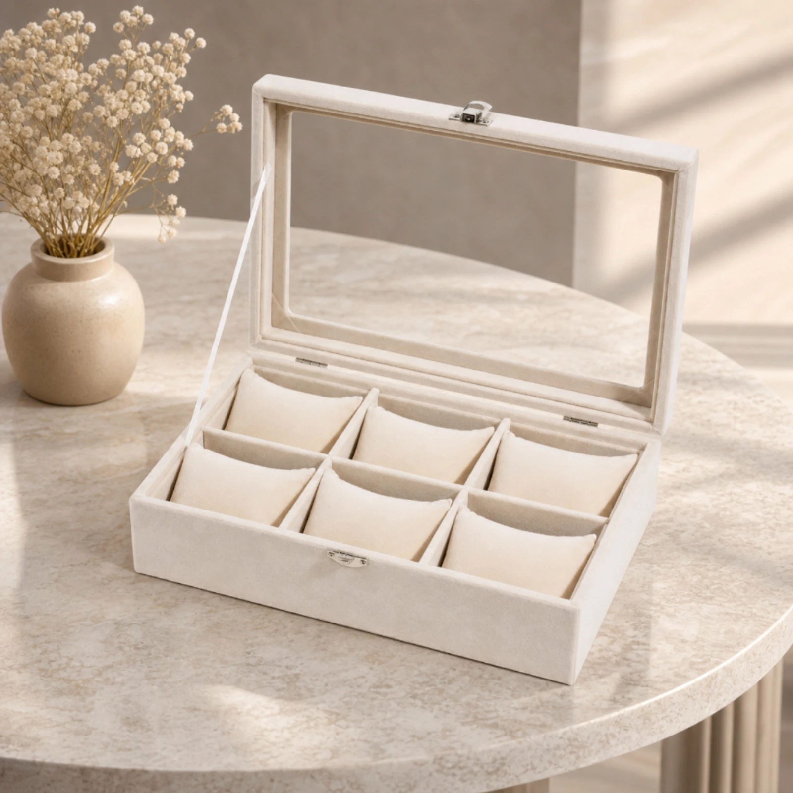 Watch Storage Box with Clear Lid Sturdy 6-Slot Watch Organizer Elegant Long-Lasting for Men, Dresser, Nightstand