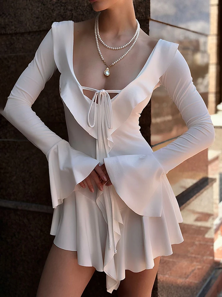 TARUXY White Deep V Neck Ruffled Dress For Women Long Flare Sleeve Autumn Fashion Beach Party Short Dresses Female Sexy Slim