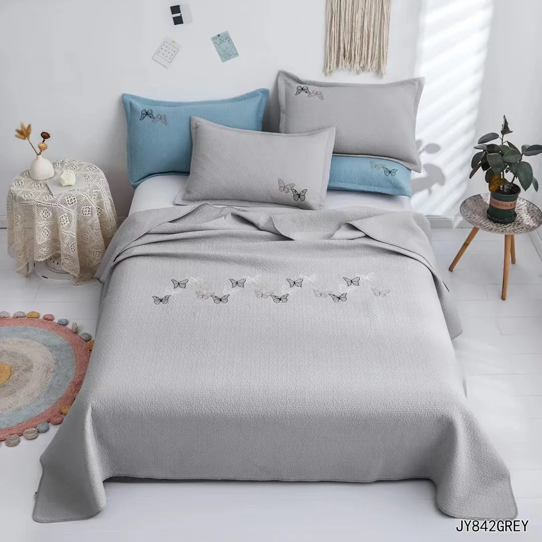 

100% Cotton Quilted Bedspread Set 3pcs Butterfly Embroidery Quilts, Reactive Dyed Solid Coverlet Lightweight for All Season