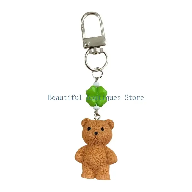 U4LF Compact Bear Keychain Bag Charm with Green Bead Accent and Silver-Tone Connector for Keys Bags and Small Accessories