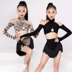 Kids Long Sleeved Latin Dancing Dresses Girls Latin Dance Competition Costume Black Leopard Latin Top Fringed Skirt DWY9395