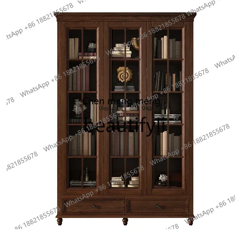 

D178 yh YAmerican all solid wood bookcase with glass door household floor bookshelf ash wood retro with top cabinet