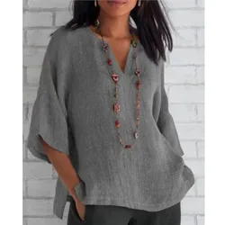 Popular and fashionable summer shirt women's V-neck three/four sleeves cotton and linen solid color loose casual shirt for women