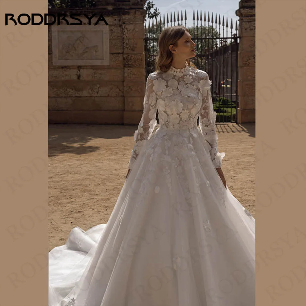 RODDRSYA High Neck Wedding Dress For Bride 2024 Full Sleeves Luxury Floral Tulle A Line Bridal Gown White Women Robe De Mariée