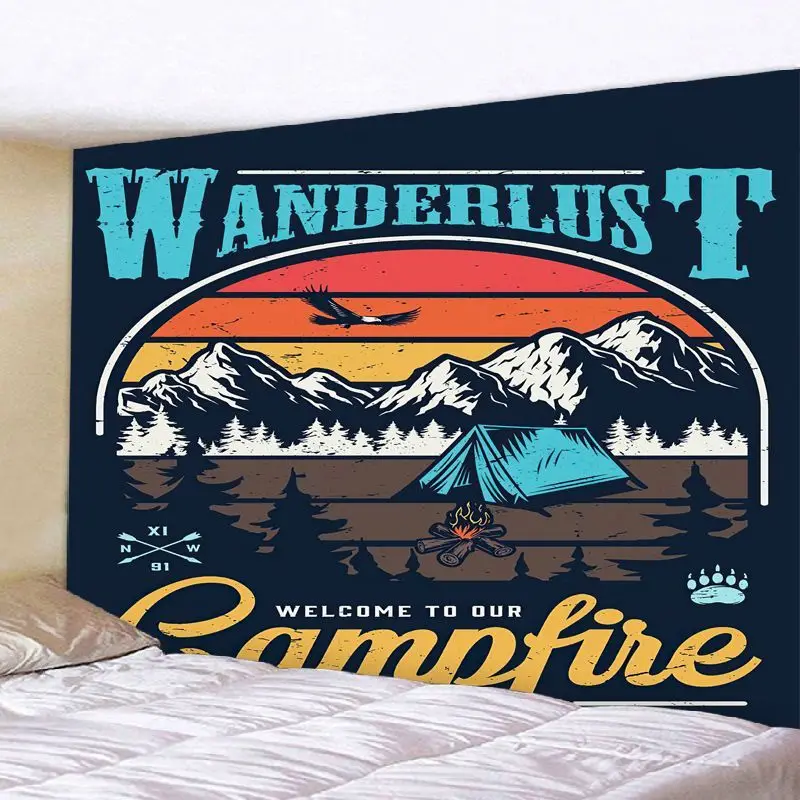 VIKAMA Retro Outdoor Camping Mountain Tapestry WANDERLUST Bonfire Tent Eagle Background Cloth Warm Tapestry Room Decoration