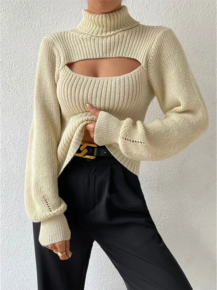 Tossy Hollow Out Knit Sweater Pullover For Women Turtleneck Fashion Ribbed High Street Long Sleeve Knitwear Loose Sweater Female