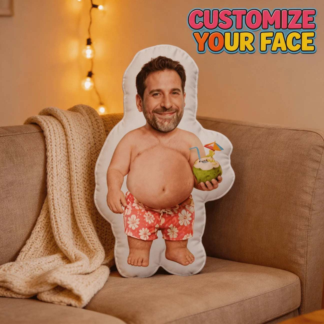 Custom Funny Face-Shaped Pillow, Personalized Photo Body with Adult Head Holding Coconut, Novelty Decorative Cushion for Sofa An