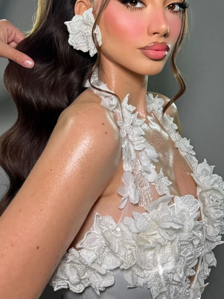 Robe de mariée sirène de luxe en dentelle transparente, avec des Appliques florales blanches, élégante, col licou, robe de soirée transparente, 2025