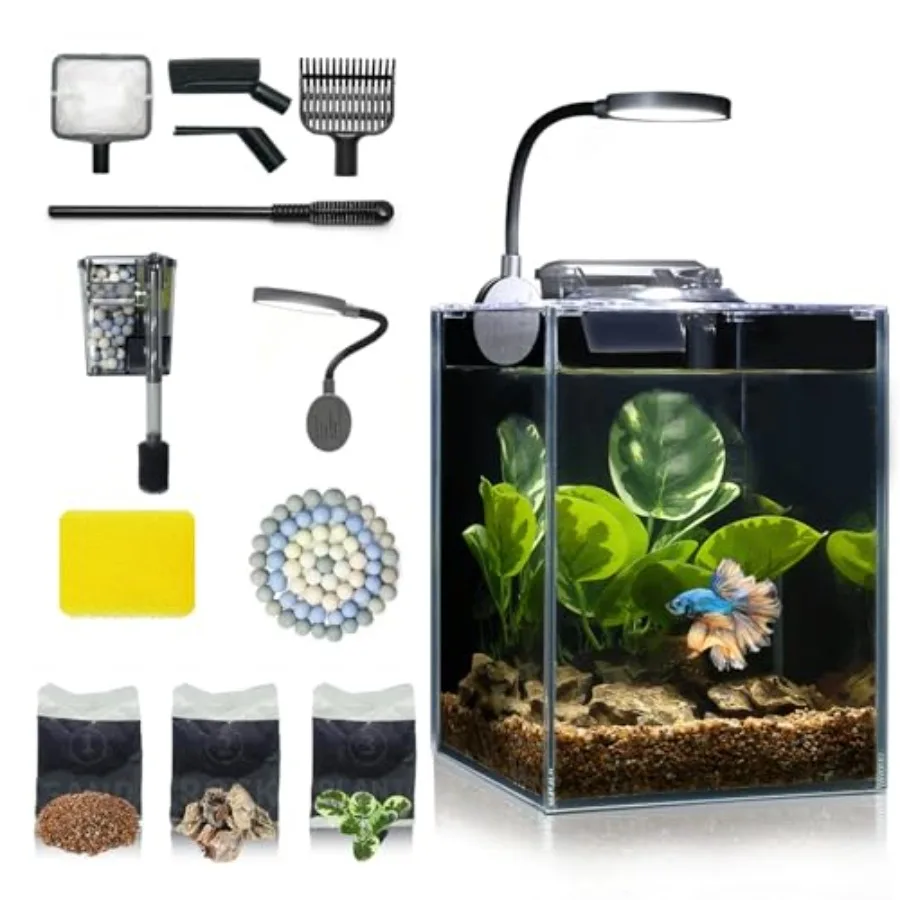 

Desktop Small Aquarium Set Glass Fish Tank 1.25 Gallon, with Water Pump Filter Bright LED Light Gravel Cleaning Tool, Starter K