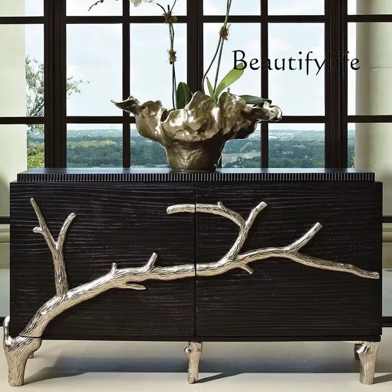 

WM French porch cabinet entry solid wood carving black decorative cabinet light luxury high-end living room dining side cabinet