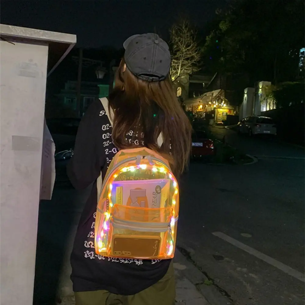 Large Capacity LED Lights Schoolbag Waterproof Adjustable Straps PVC Transparent Backpack Zipper Close Visible