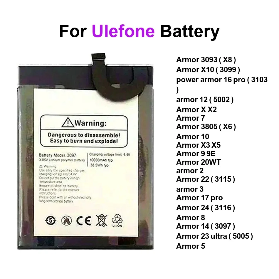 بطارية لـ Ulefone Power 14 16 Armor 20WT 5.0 بوصة 5S 9E X X10 X3 X5 X6 X8 2 3 5 7 8 9 10 12 17 22 23 24 3059 Pro Ultra #1