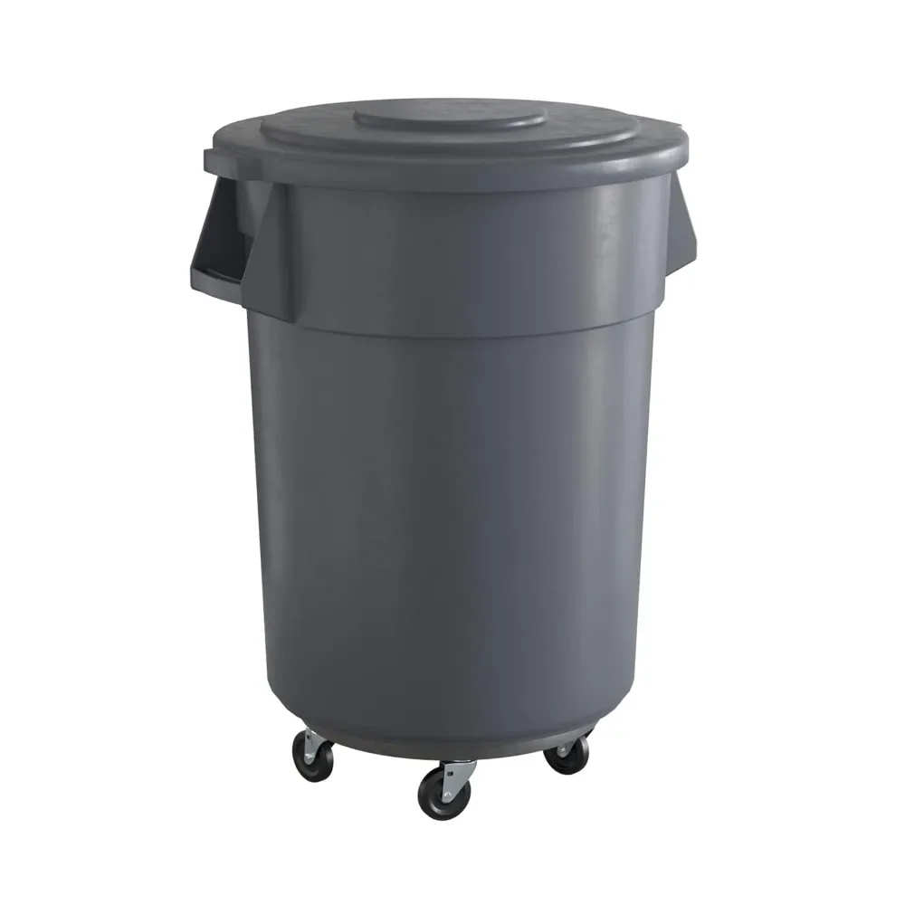 

55 Gallon Gray Round Commercial Trash Can with Lid and Dolly