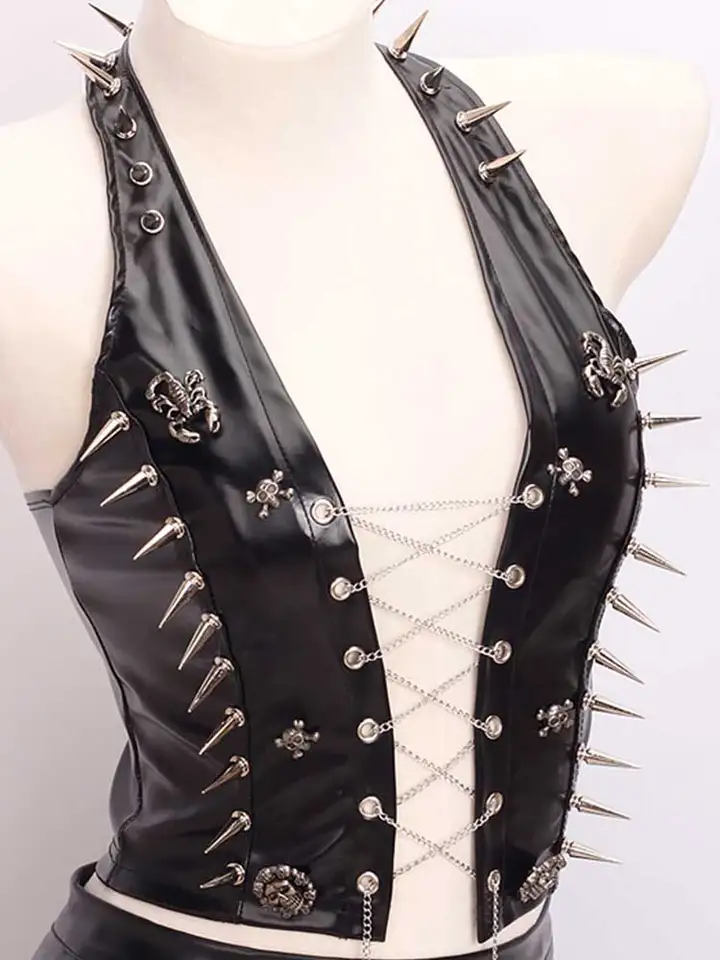 y2k clothes Rivets Skull Tank Tops Gothic Tops Punk Tank Tops