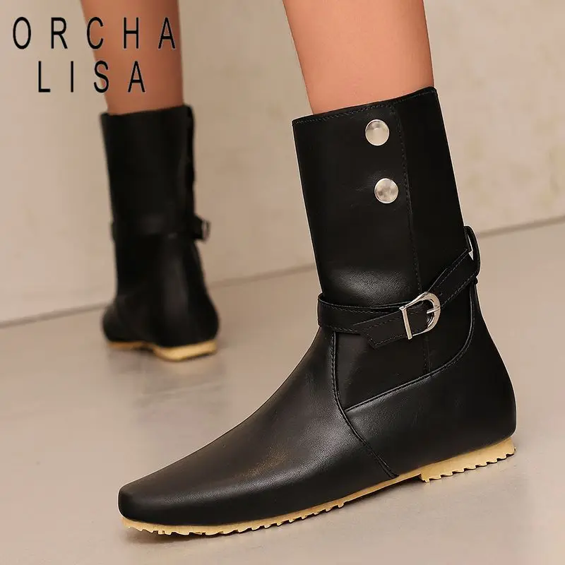 

ORCHA LISA Hot Women Mid Calf Boots Round Toe Flats Button Belt Buckle Large Size 46 47 48 Daily Casual Winter