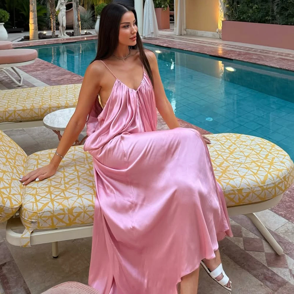 Tuularose Elegant Satin Women's Dress Halter Sleeveless Backless Ruched Loose Solid Female Dresses 2025 Evening Solid Lady Robe