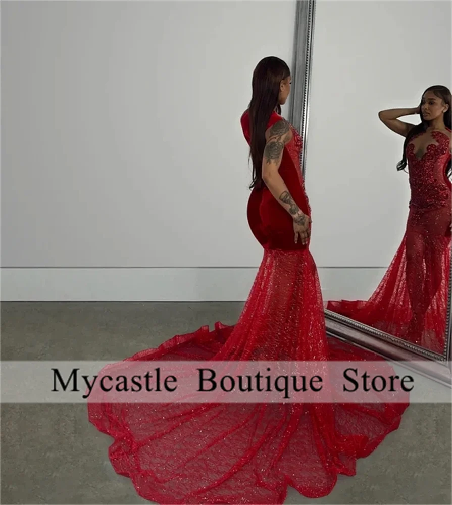 Luxury Red Diamonds Long Prom Dress For Black Girls 2024 Sparkly Lace See Through Birthday Party Mermaid Evening Dresses