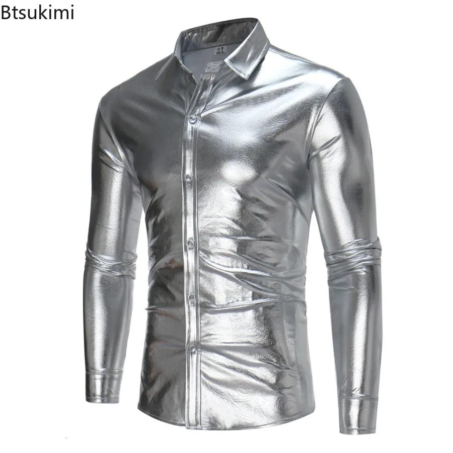 2025 Fashion Men's Personalized Printing Long Sleeve Shirts Metallic Coated Sexy Slim Button-down Shirts Party Nightclub Costume