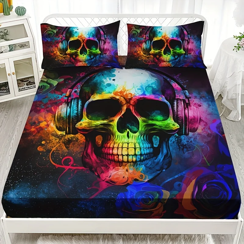 Rose Skull Fitted Sheet Soft Comfortable Solid Color Light Grey Bedding Fitted Sheet For Bedroom Guest Room With Deep Pocket
