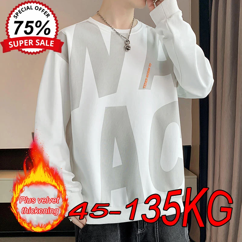 8XL Plus Size Men's Sweatshirts Autumn Round Neck Plus Velvet Thick Warm Top Letter Printing Large Size Loose All-match Pullover