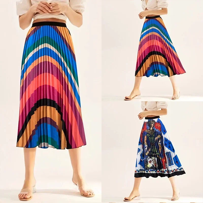 European and American fashion wave print pleated skirt mini skirt