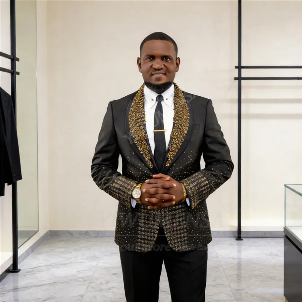 

Мужской костюм с бриллиантовыми кристаллами, приталенный, однобортный, с брюками, 2 предмета, для жениха, свадебный смокинг, индивидуальный пошив, мужская одежда