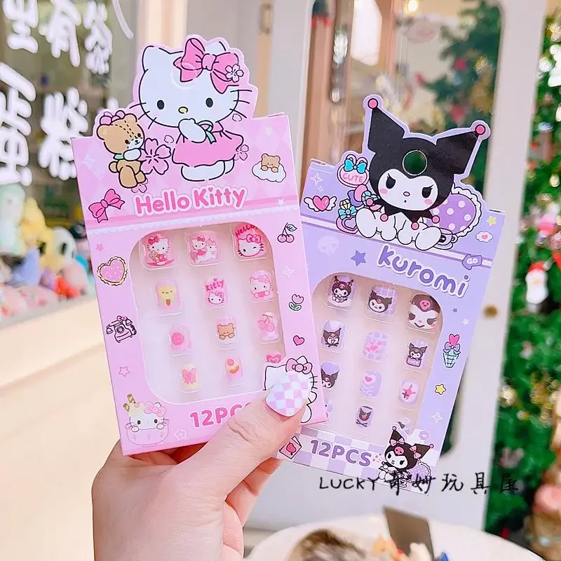 מדבקות ציפורניים לילדים של Sanrio Hello Kitty Kuromi Cinnamoroll, קאוואי, מניקור תלת-ממדי, ציפורניים נשלפות, קרטון חמוד