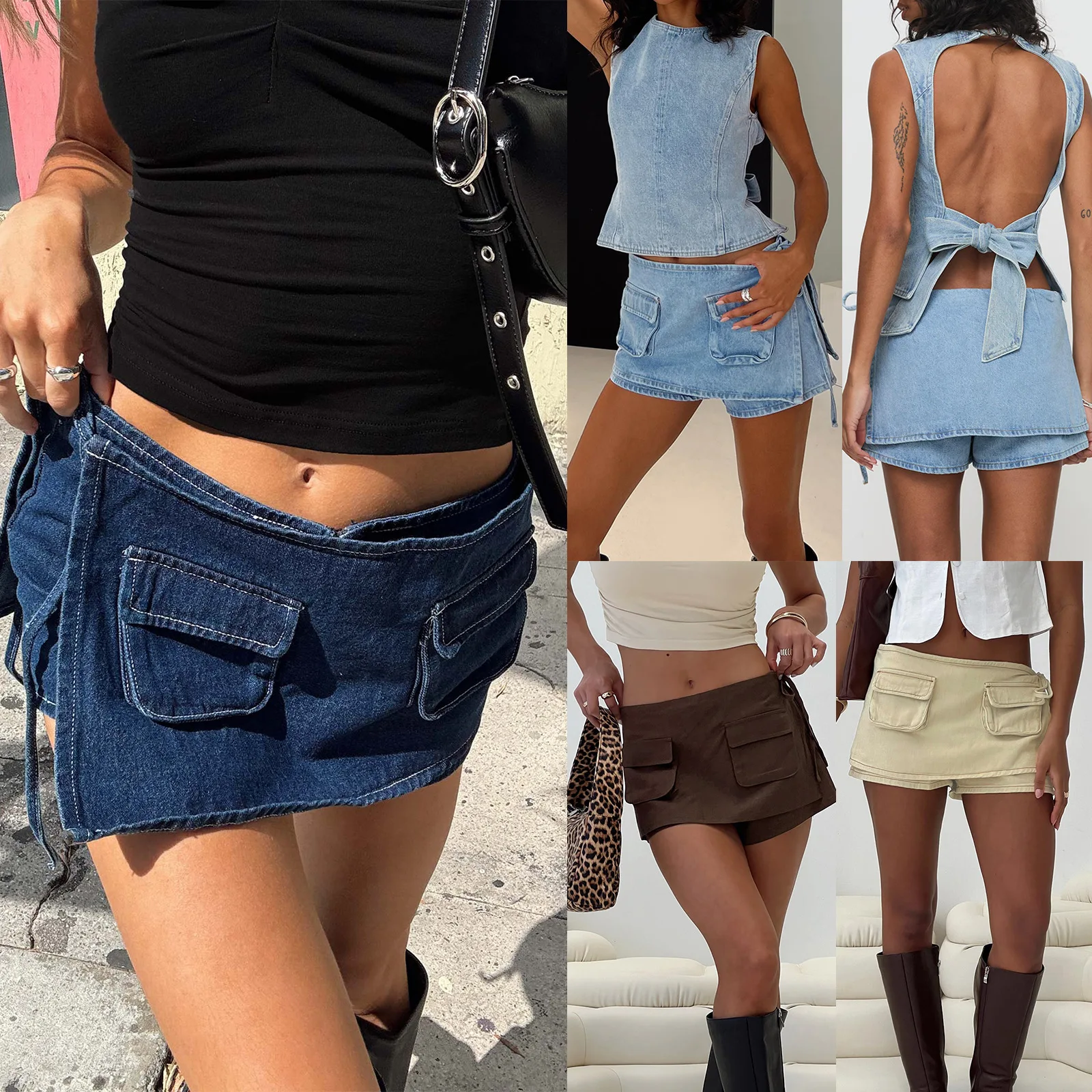 Europe and the United States new women's denim pocket culottes lacing low-rise denim shorts denim pants