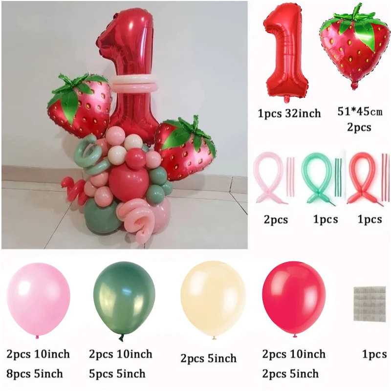 Strawberry Foil Balloons Set 1st Birthday Decorations Number Balloon Girls baby Shower Birthday summer Strawberry party supplies