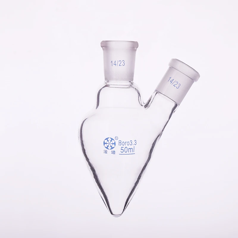 Pear-shaped flask with 2 necks,Capacity 50ml,Joint 14/23,Heart-shaped flasks,Coarse heart-shaped grinding bottles