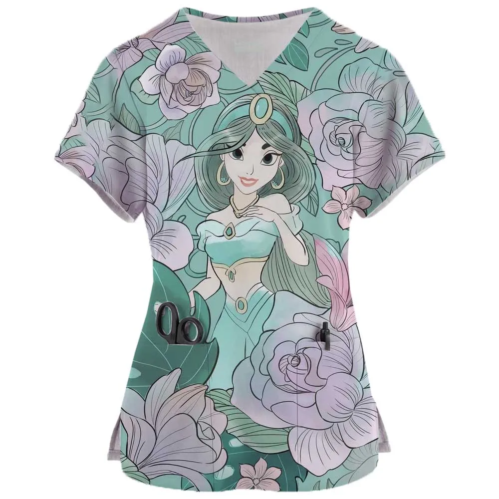 Women Working Uniform Disney Princess Print Frozen Elsa Short Sleeve V-neck Tops Femme Blouse Nurse work wear Medical Uniforms