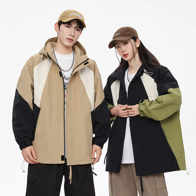 

New Spring Autumn Fashion Couple Mountain Outdoor Jackets For Man Hooded Loose Casual Cargo Style Drawstring Brand Male Coats