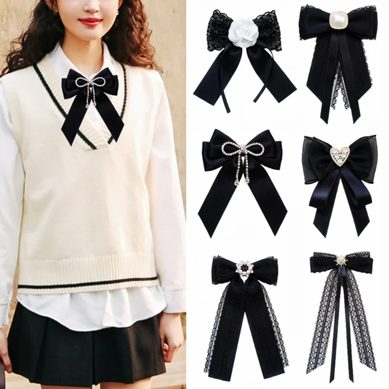 

Women Girl Elegant Lace Ribbon Bowtie Brooch Pin Teens Student Shirt Jabot Collar Rhinestones Jewelry Pre-Tied Bowknot Necktie