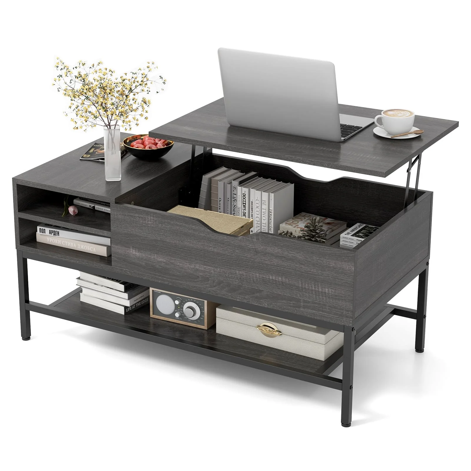 GOFLAME Lift Top Coffee Table Living Room Table w/ Storage Shelf-Grey