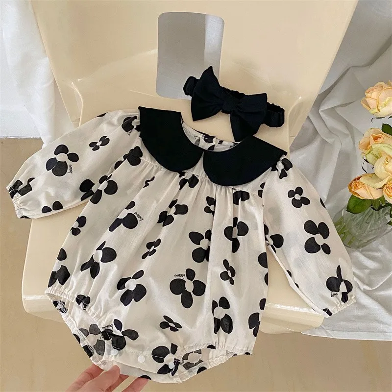 2024 Autumn New Baby Long Sleeve Romper + Hair Band 2 Pieces Suit Infant Black Flower Bodysuit Girls Cotton Jumpsuit Clothes