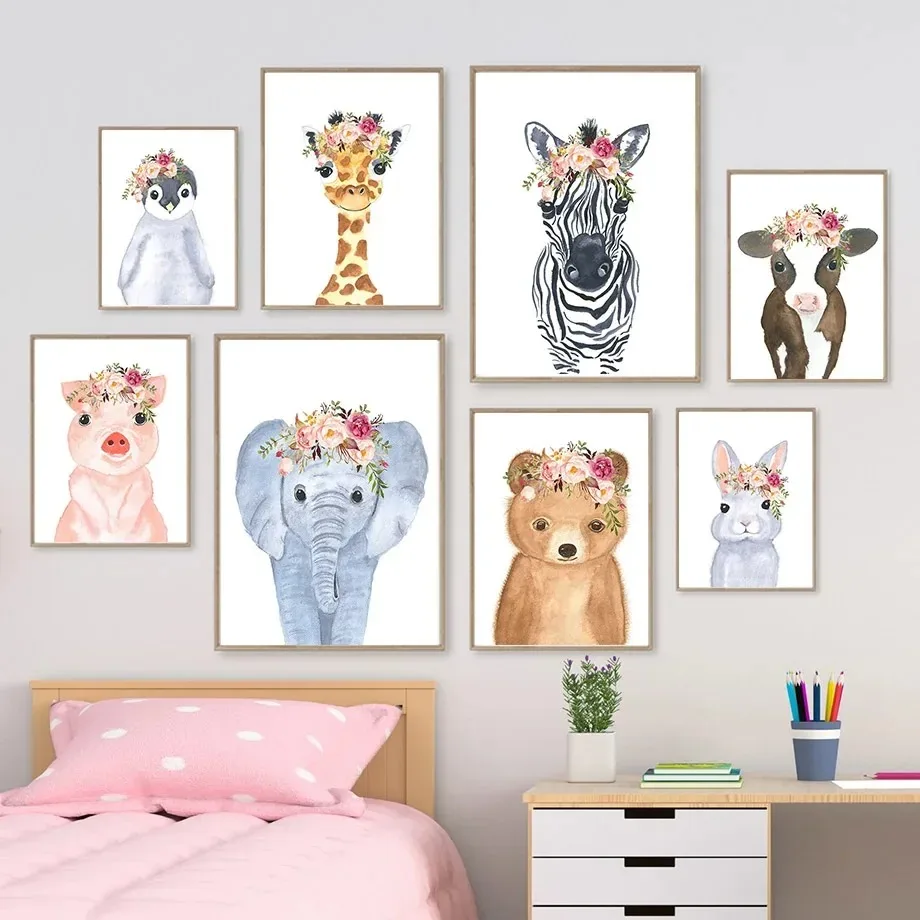 Simple Cartoon Animals Elephant Bear Zebra Rabbit Cow Penguin Wall Art Minimalist Print Canvas Painting Posters for Home Decor