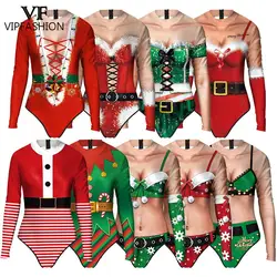 VIP FASHION Christmas Elf Costume Women Santa Claus Bodysuit 3D Print Zentai Suit New Year Sexy Swimsuit Fancy Holiday Dress Up