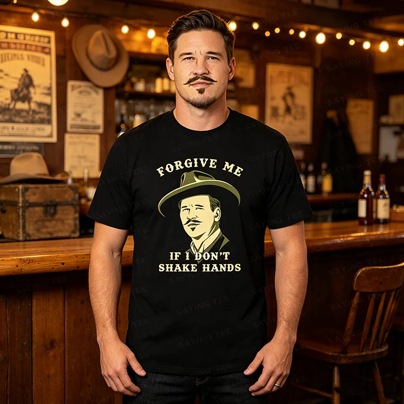 Tombstone Doc Holliday „I Don't Shake Hands“ 90er-Jahre Westernfilm T-Shirt „Say When“ Retro-Stil Vintage Spruch T-Shirt Herrenbekleidung Baumwolle – Detail 5