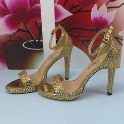 2023 New Arrival Golden Sandals Women shoes High Fashion Girls Sandals Buckle Open Toe ankle strap Lace-Up Crystal Party Sandals